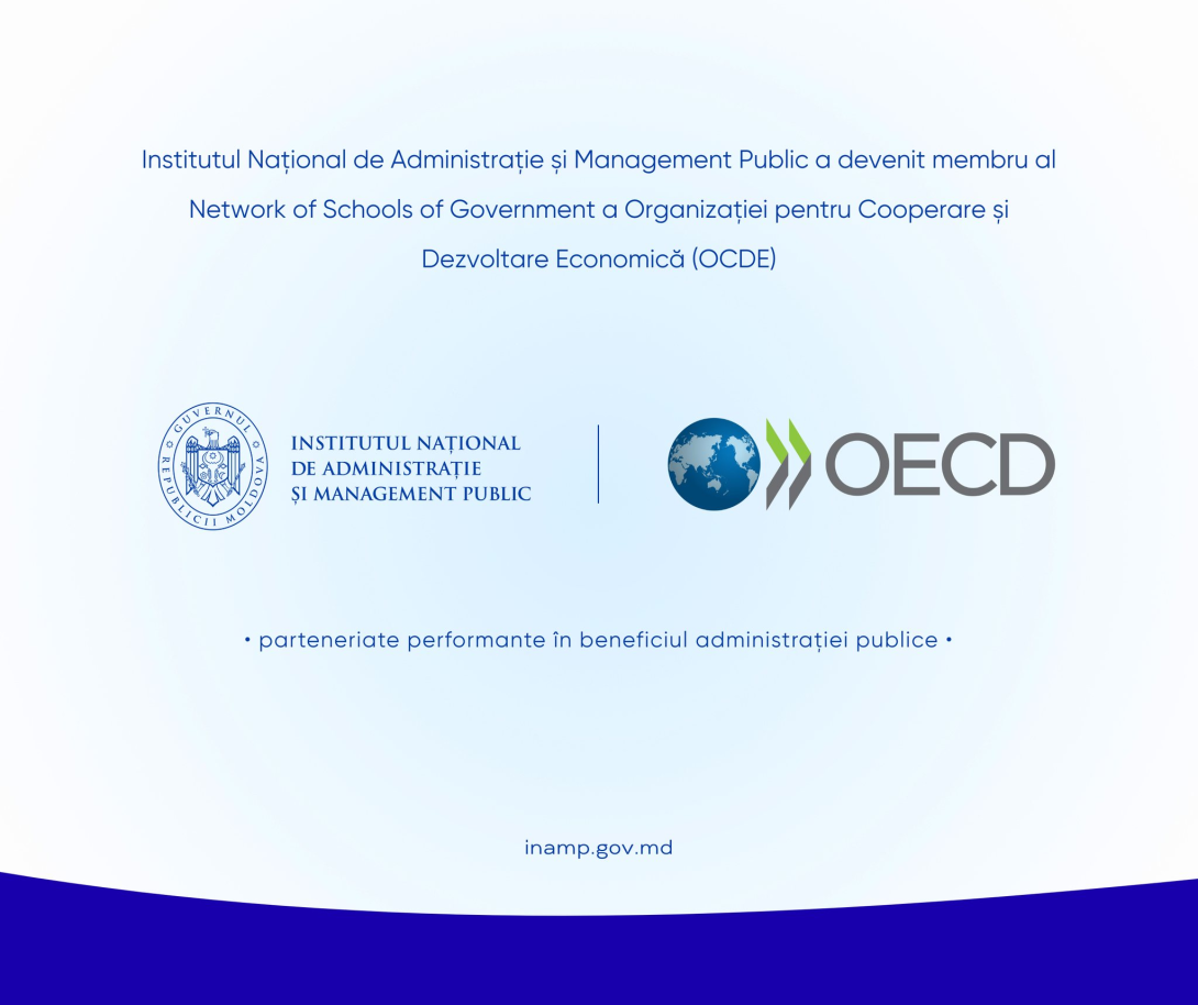 Anunț oficial privind aderarea Institutului Național de Administrație și Management Public la Network of Schools of Government a OCDE, ilustrat prin logo-urile INAMP și OECD și mesajul despre parteneriate pentru modernizarea administrației publice.