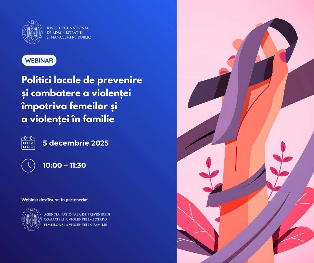 Afiș de webinar dedicat politicilor locale de prevenire și combatere a violenței împotriva femeilor și a violenței în familie, cu o ilustrație simbolică a unei mâini eliberate din legături, data de 5 decembrie 2025 și intervalul orar 10:00–11:30, organizat de INAMP în parteneriat cu ANPCV.